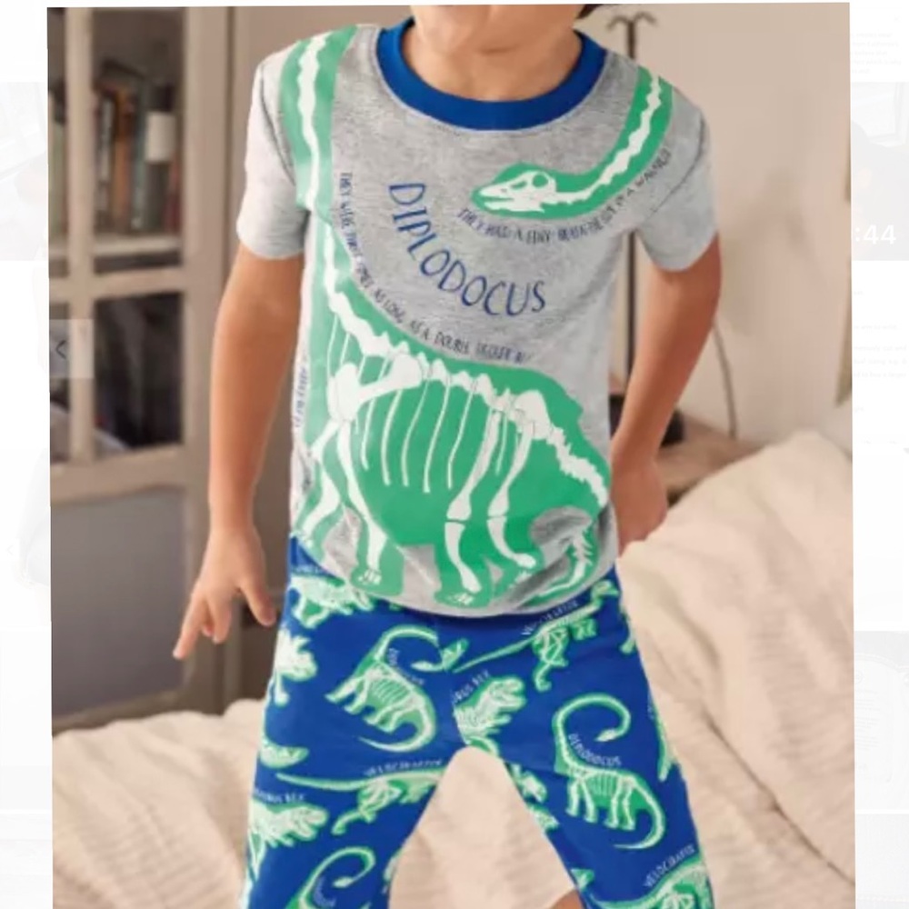 New Mini Boden Gray Dinosaur Glow in the dark 2 Piece Pajama Sleepwear Set 13Y